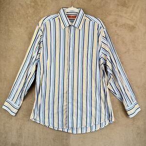 Sette Ponti Button Up‎ Mens L Blue Yellow Striped Collared Long Sleeve Shirt